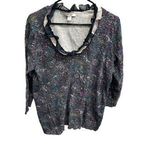 Liz Claiborne Womens Ruffled Collar Paisley Print Long Sleeve Top Sz XL